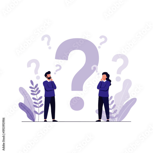 Flat design illustration of two puzzled people standing beside a large question mark with thought-provoking expressions in a Vector style against a clean white background.