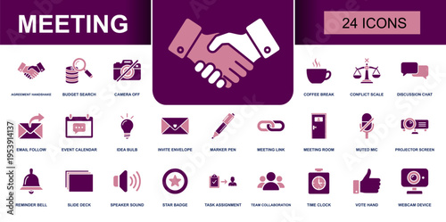 Meeting icon set. Containing handshake, chat, calendar, invite, meeting room, muted mic, projector, reminder, team collaboration and more. Solid fill vector icons collection for business.