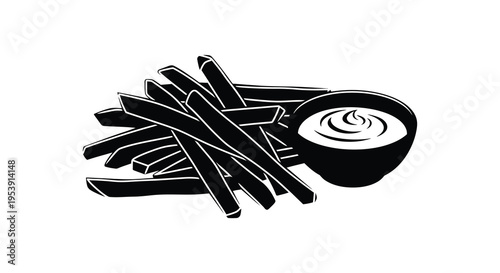 A black and white graphic depiction showcases a pile of french fries with a dipping sauce
