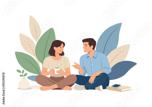 A modern interior lifestyle scene where abstract plant forms are used to create a calm and balanced environment, reflecting a connection to nature in a simplified decorative