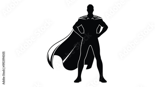 A black silhouette of a superhero standing confidently with hands on hips