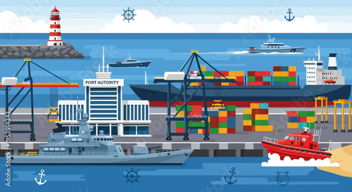 Container Ship at Bustling Commercial Dockyard.