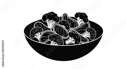 A black and white illustration depicts a bowl filled with broccoli and sliced tomatoes