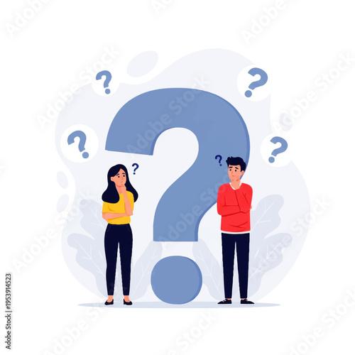 Flat design illustration vector of a puzzled man and woman standing beside a large question mark with thought bubbles, on a white background.