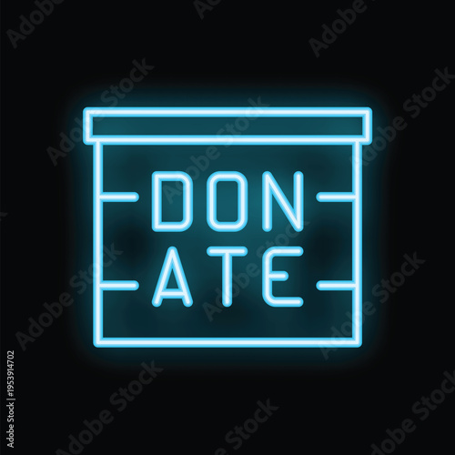 Blue neon sign with text donate on the brick wall background indicating charity and support