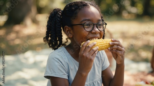 Young African American girl eating corn on the cob outdoors. Happy child with glasses enjoying a healthy summer picnic snack