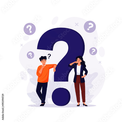 Flat design illustration of a man and woman pondering with a large question mark in a vector style against a clean white background.