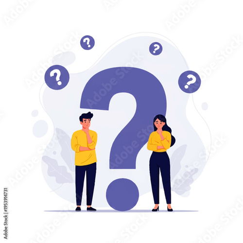 Flat design illustration vector of two people standing thoughtfully beside a large question mark with smaller question marks floating around them on a white background.