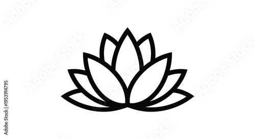 A simple black and white line drawing depicts a blooming lotus flower with curved petals