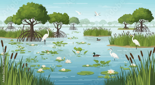 Serene Wetland Scene with Birds and Vegetation.