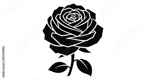 A striking black and white silhouette depicts a fully bloomed rose with delicate petals