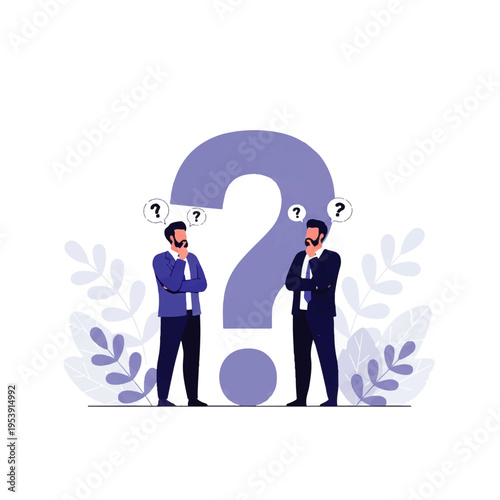 Flat design illustration vector of two businessmen standing thoughtfully beside a large question mark with puzzled expressions.
