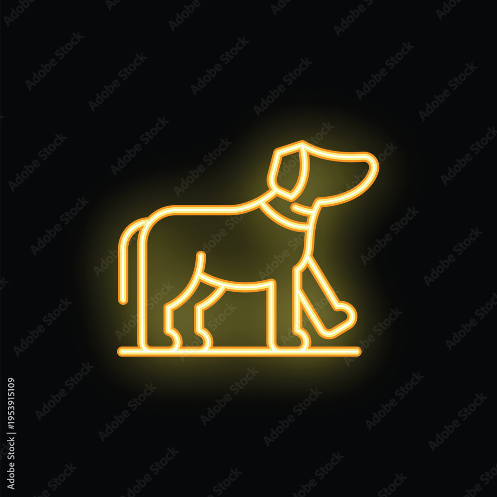 Fototapeta premium Yellow neon sign depicting a dog walking with its legs outstretched