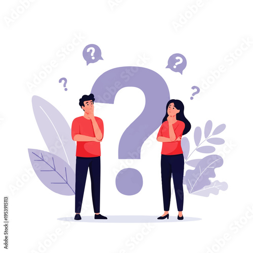 Flat design illustration vector of a man and woman standing thoughtfully with a large question mark and speech bubbles in a minimalistic style.
