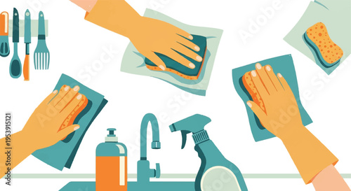 Hands cleaning surfaces with cleaning supplies vector illustration