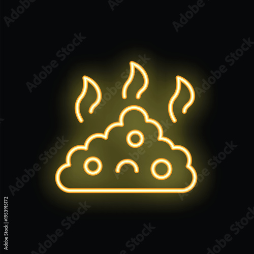 Steaming pile of poop with upset face neon sign on black background