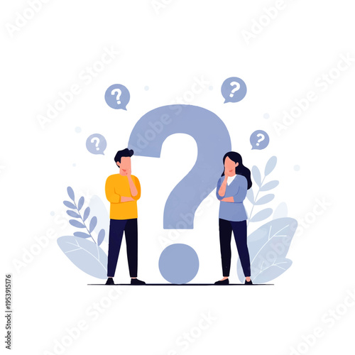 Flat design illustration of a man and woman standing beside a large question mark with thought bubbles, vector graphics in a minimalist style.
