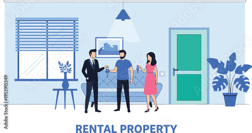 Real Estate Agent Handing House Keys to Tenant Rental Property Agreement Vector Illustration