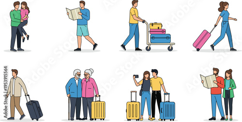 People Traveling with Suitcases Walking Carrying Luggage and Using Map Vacation Journey Vector Illustration Set