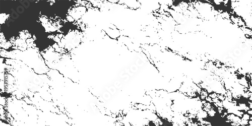 Abstract black and white grunge background featuring a dark ink splash texture with paint splatter stains and a vector frame pattern on dirty paper art