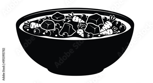 A black and white illustration depicts a rounded bowl filled with various chopped vegetables