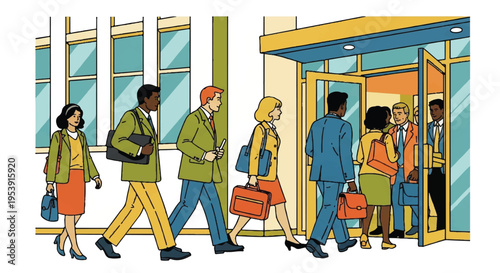 People exiting and entering building comic style illustration