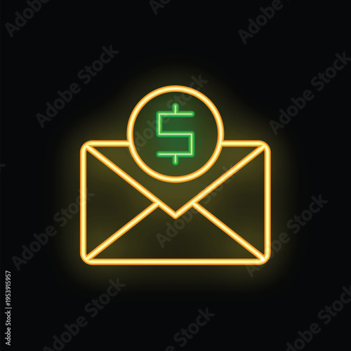 Glowing neon icon representing an envelope receiving a money transfer, symbolizing online payment, digital transaction, or financial concept