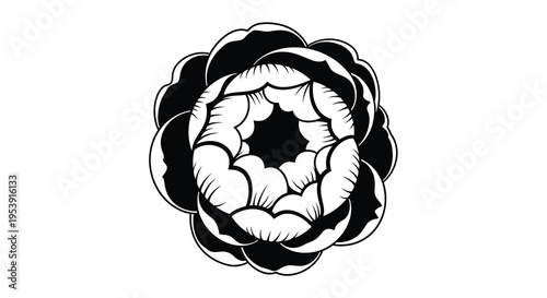 A striking black and white illustration depicts a blossoming flower with layered petals high quality