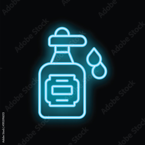 Bright blue neon sign showing a bottle pouring out its contents, evoking skincare or haircare routine