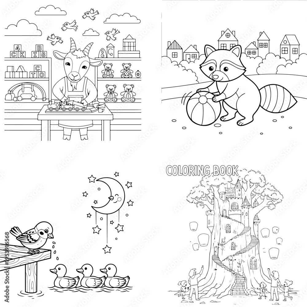 Fototapeta premium Cartoon animals coloring pages featuring raccoon, ducks, bunny, and night sky scenes