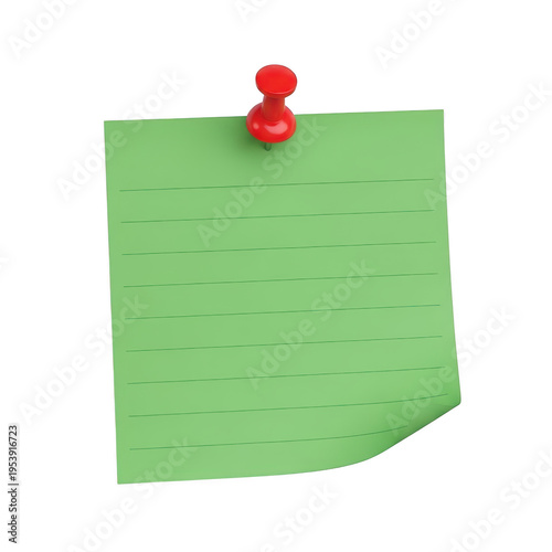 Bright green sticky note with red pushpin on it isolated on transparent background