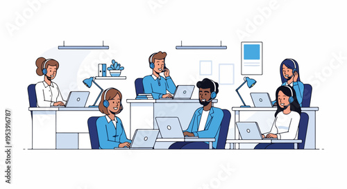 Diverse customer service team working in a modern call center.
