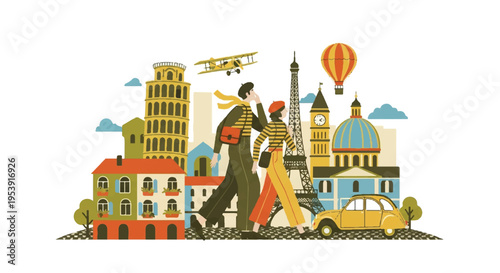Travel illustration featuring famous landmarks and tourists