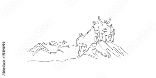 Continuous line drawing of people helping each other to reach mountain summit one teamwork success
