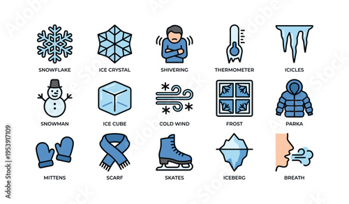Winter symbols icon set featuring snowflake, ice, and cold-themed illustrations