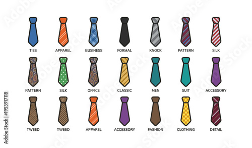 Collection of various ties with different patterns and colors for formal wear