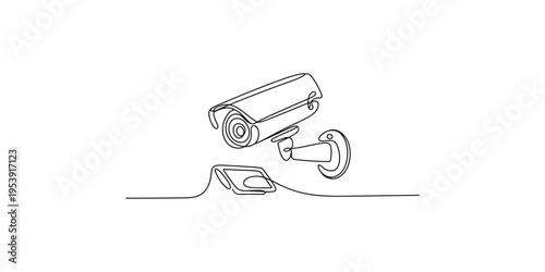 Continuous line drawing of security camera with speaker and smartphone cctv surveillance monitoring safety megaphone
