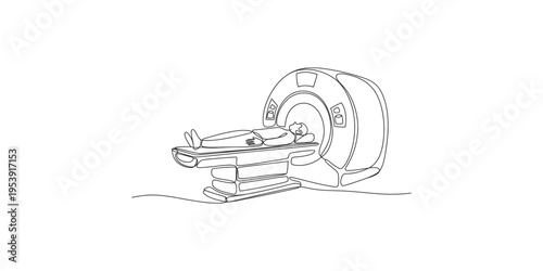 Continuous line drawing of a person lying on an MRI machine bed magnetic resonance imaging