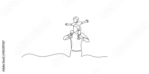 Continuous line drawing of a man with a child on his shoulders in water kid