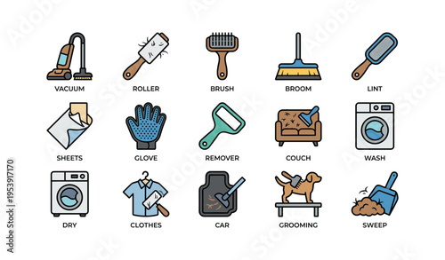 Household cleaning tools icons: vacuum, broom, glove, grooming, wash