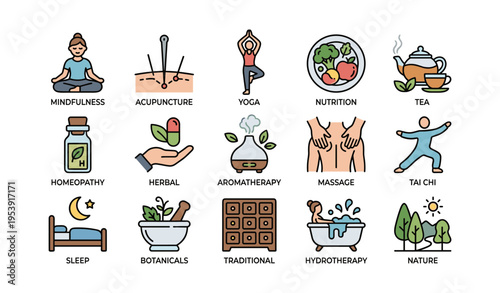 Holistic wellness practices illustrated with yoga, nutrition, and herbal remedies