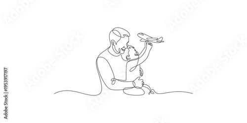 Continuous line drawing of father and child playing with toy airplane fatherhood childhood playtime family