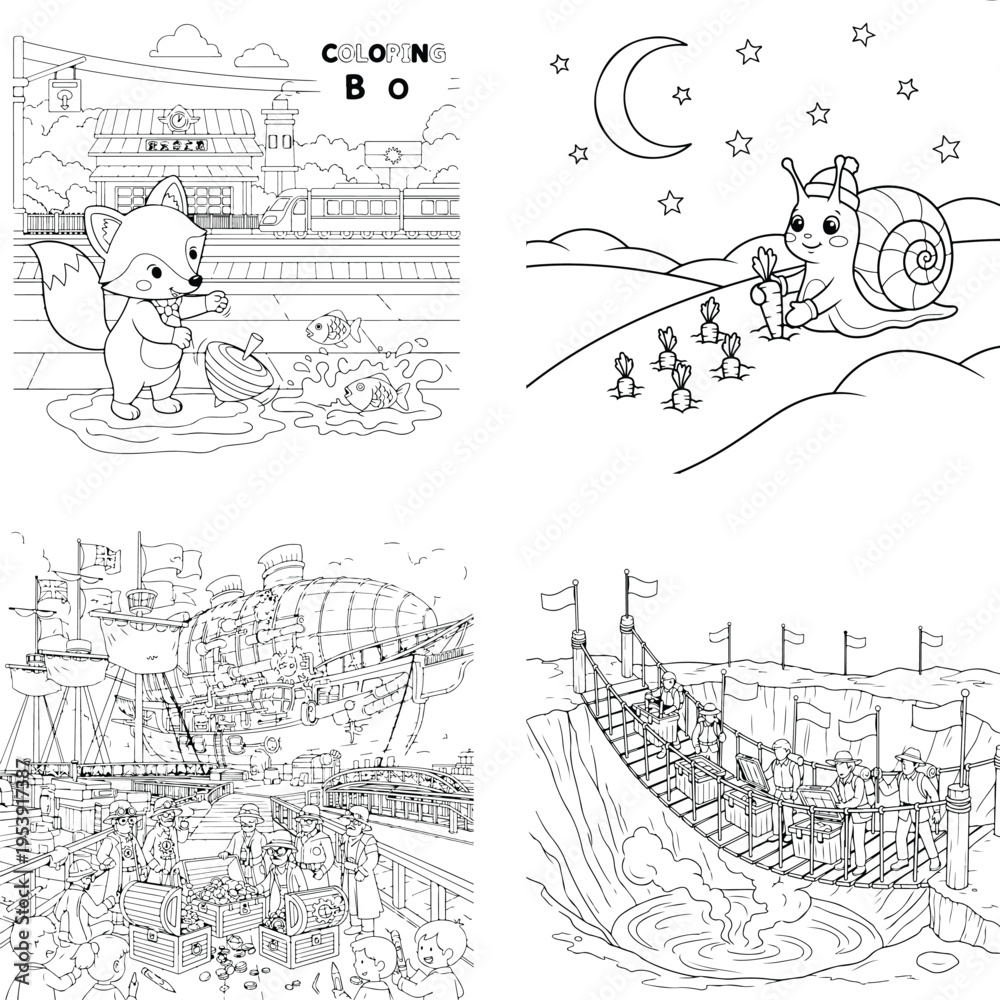 Fototapeta premium Playful animal coloring book pages featuring snail, squirrel, train, and night sky