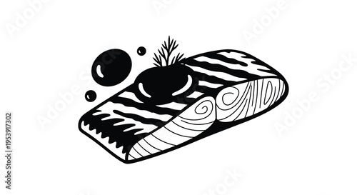 A stylized black and white illustration depicts a piece of salmon with accompanying bubbles and garnish