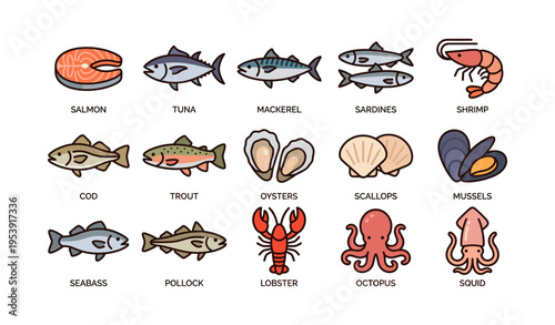 Assorted seafood icons featuring fish, shellfish, and crustaceans