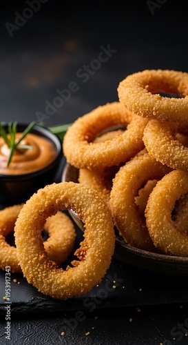 Fried onion rings with dip.