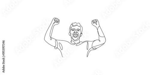 Continuous line drawing of a man celebrating with fists raised in triumph and excitement celebration