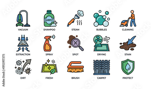 Carpet cleaning icons: vacuum, shampoo, steam, bubbles, spot removal techniques
