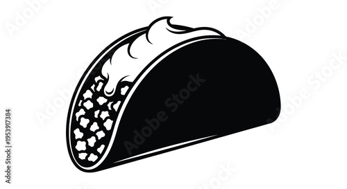 A black and white illustration depicts a classic hard shell taco filled with textured ground beef