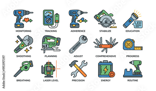 Colorful icons representing construction tools and concepts with symbols